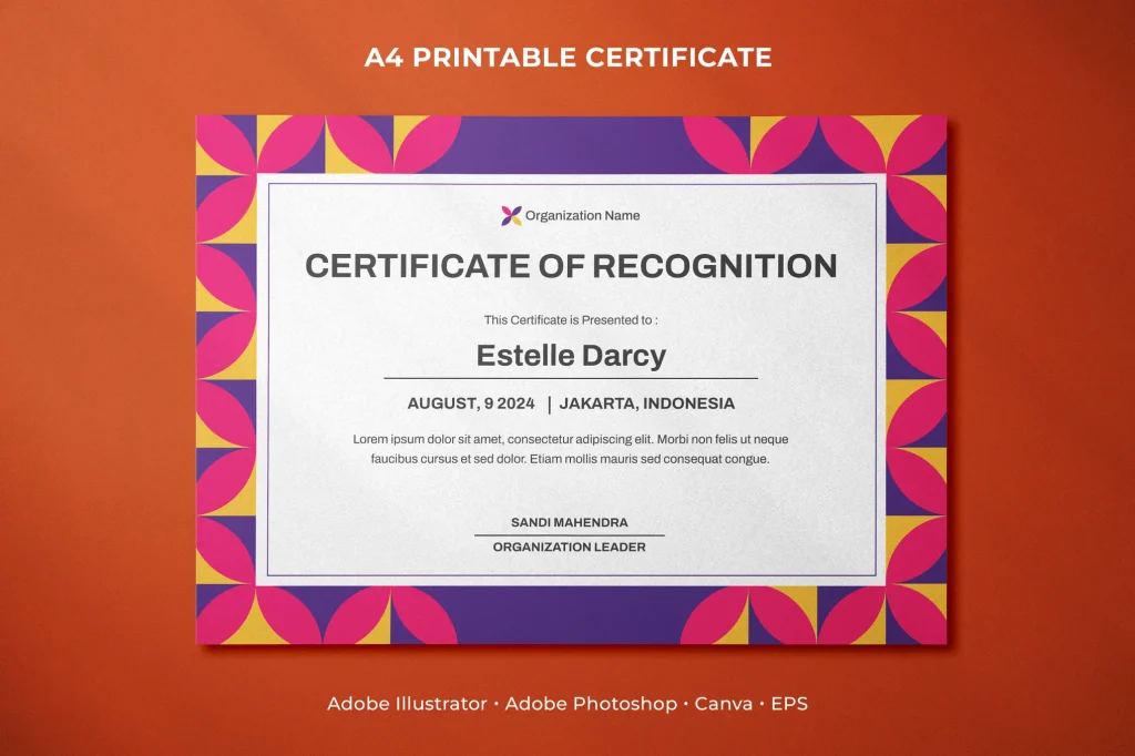 Honor dedication and achievement with this modern and professional certificate template. Featuring a bold geometric border and clean typography, it’s perfect for award ceremonies, workplace recognitions, and academic accomplishments. Fully customizable and print-ready, it ensures a prestigious presentation.