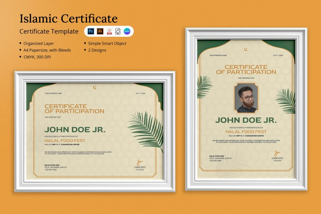 This elegant certificate template features an Islamic-inspired design with intricate details and a sophisticated layout. Ideal for events, educational achievements, and special recognitions, it offers a professional and meaningful way to honor contributions. Fully customizable and print-ready, it ensures a polished presentation.