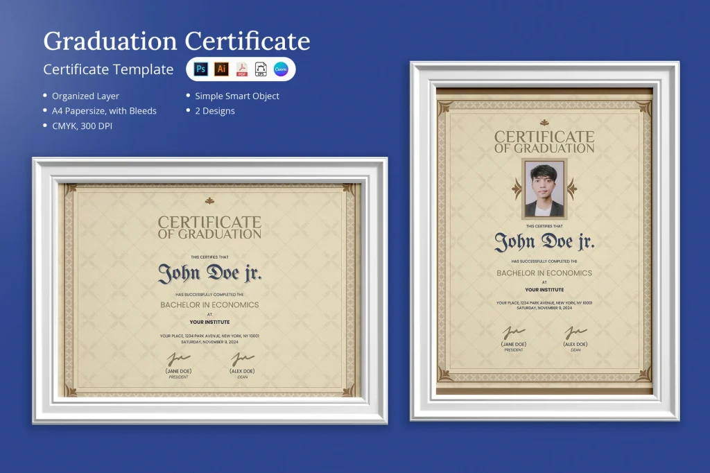 Celebrate academic success with this elegant graduation certificate template. Featuring a timeless design with refined typography and decorative borders, this template is ideal for universities, schools, and institutions looking for a professional and sophisticated way to honor graduates. Fully editable and print-ready, it ensures a flawless presentation.