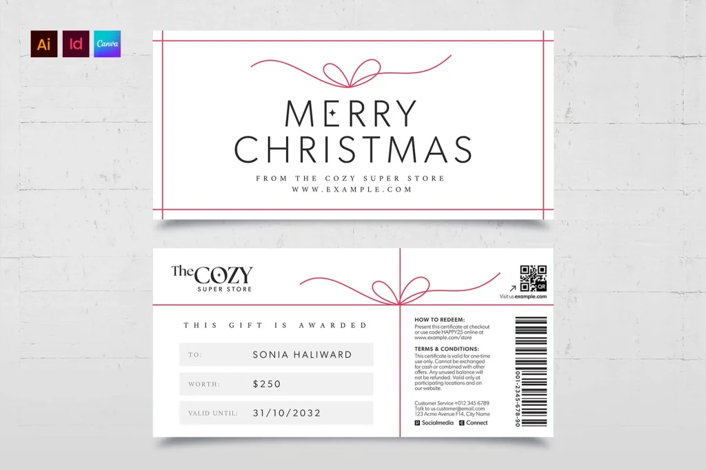 This elegant and modern Christmas gift certificate template is perfect for businesses and individuals looking to create stylish holiday vouchers. With a minimalist design and festive accents, it’s ideal for seasonal promotions, special offers, or heartfelt gifts. Fully customizable and print-ready, it ensures a seamless holiday experience.