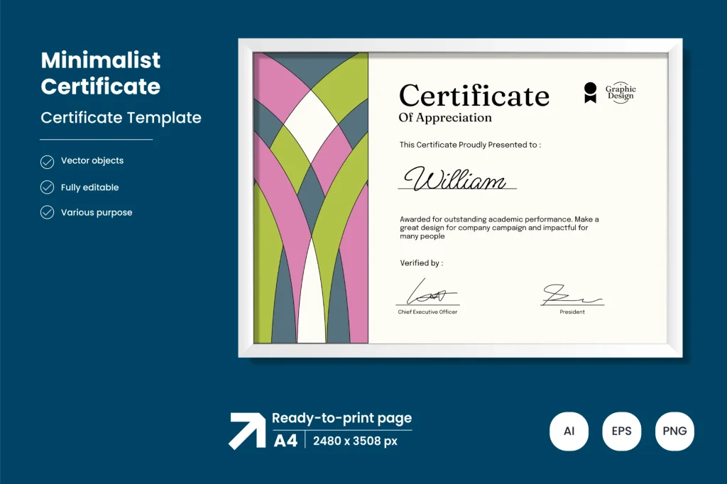 This modern and artistic certificate template combines a clean layout with vibrant geometric accents, making it perfect for professional and academic recognition. With a sleek and minimalist design, it’s easy to customize and print, ensuring a polished and eye-catching award.